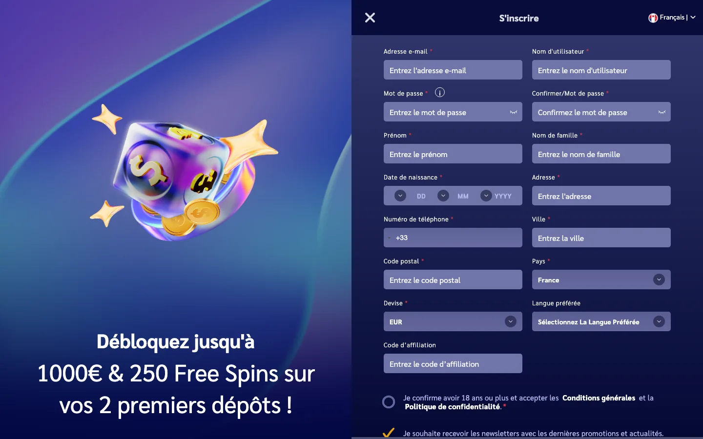 Formulaire d'inscription de Shiny Wilds avec le pays France pré-rempli