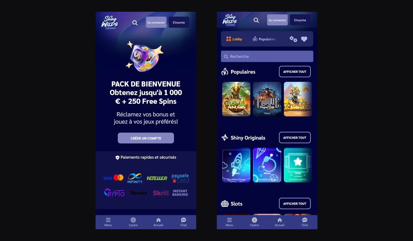Shiny Wilds sur mobile : accueil et lobby des jeux sur iPhone