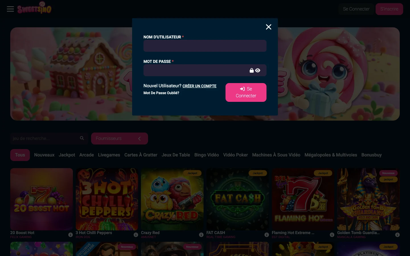 Fenetre de connexion de Sweetsino en francais