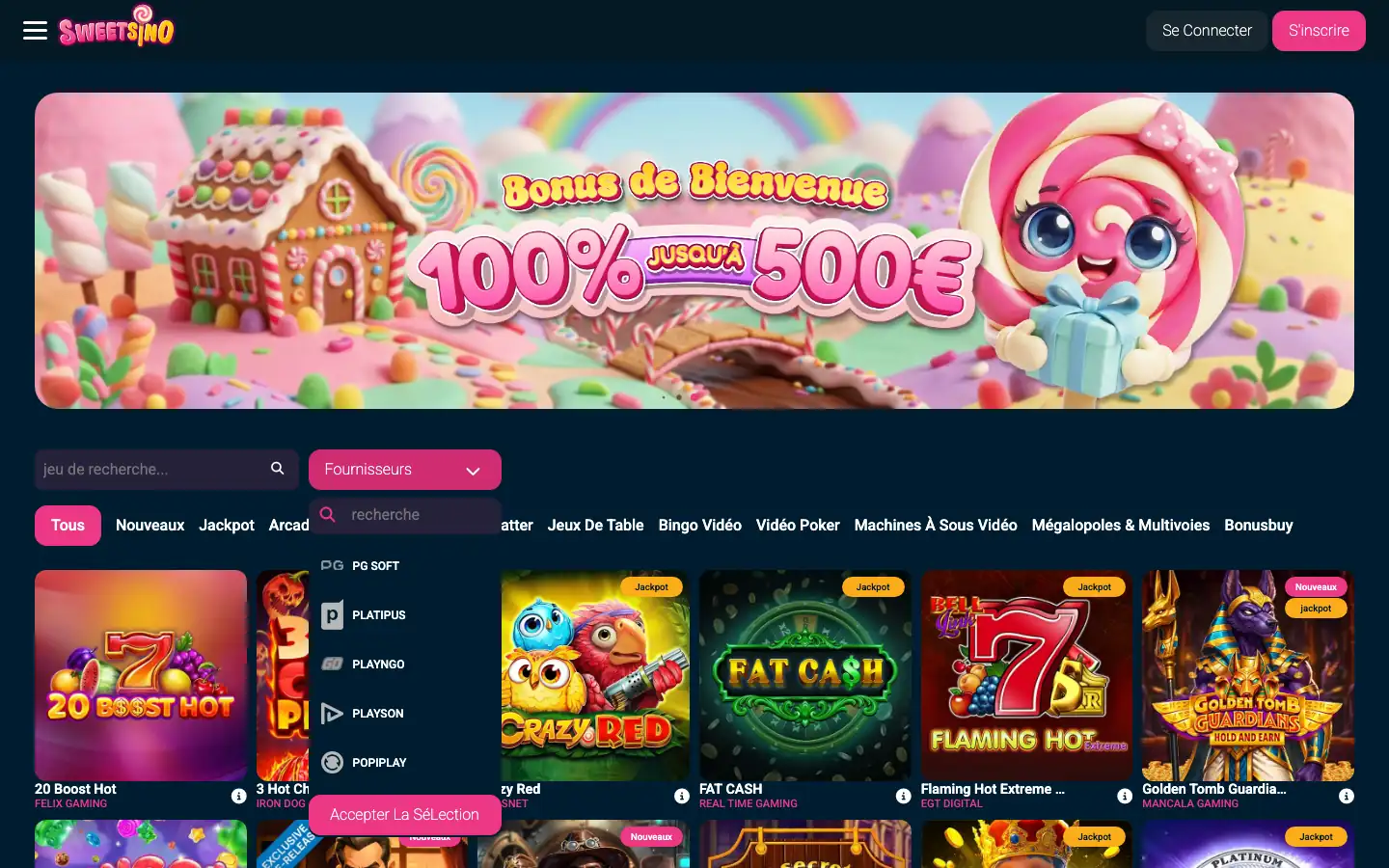 Filtre par fournisseur de jeux sur le lobby de Sweetsino
