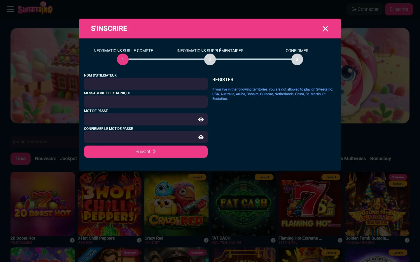 Formulaire d'inscription en trois etapes de Sweetsino