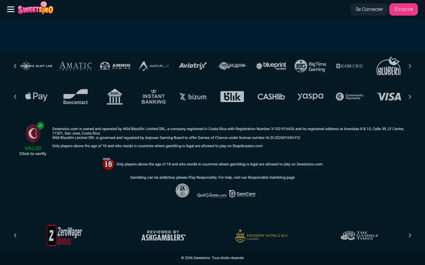 Pied de page de Sweetsino avec la licence Anjouan et les moyens de paiement
