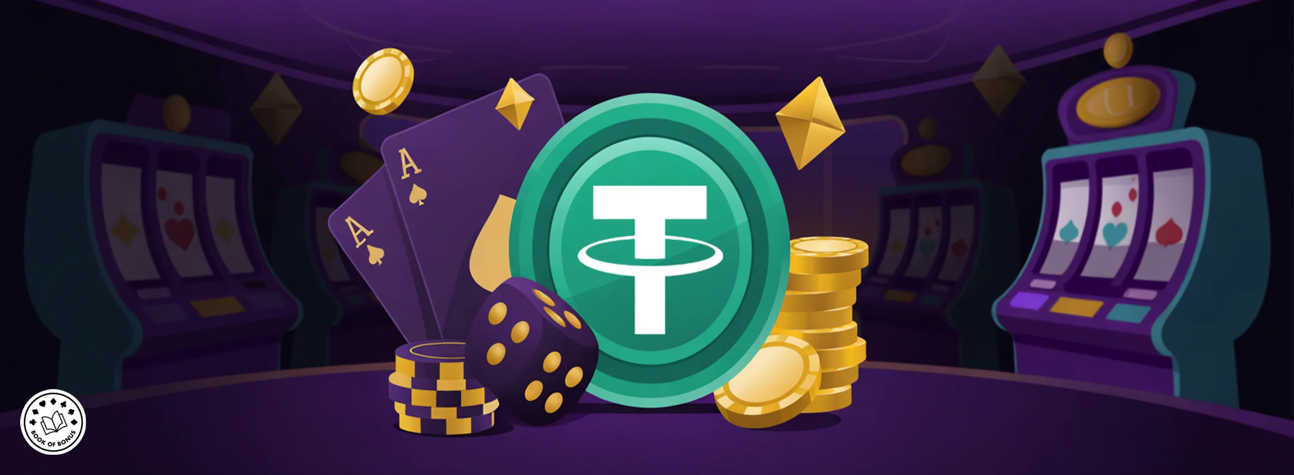 Jeton Tether USDT entouré de cartes, de dés, de jetons et de machines à sous sur un casino en ligne