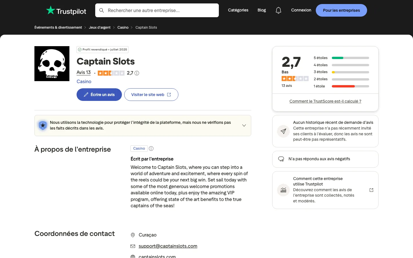 La fiche Trustpilot de Captain Slots, notée 2,7 sur 5