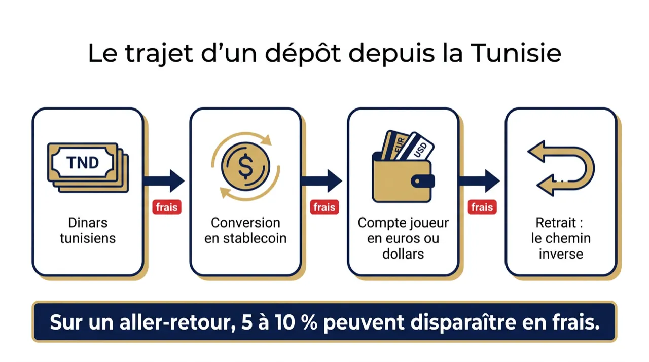 Trajet d'un dépôt depuis la Tunisie : dinars, conversion en stablecoin, compte joueur en devises, retrait, avec des frais à chaque étape