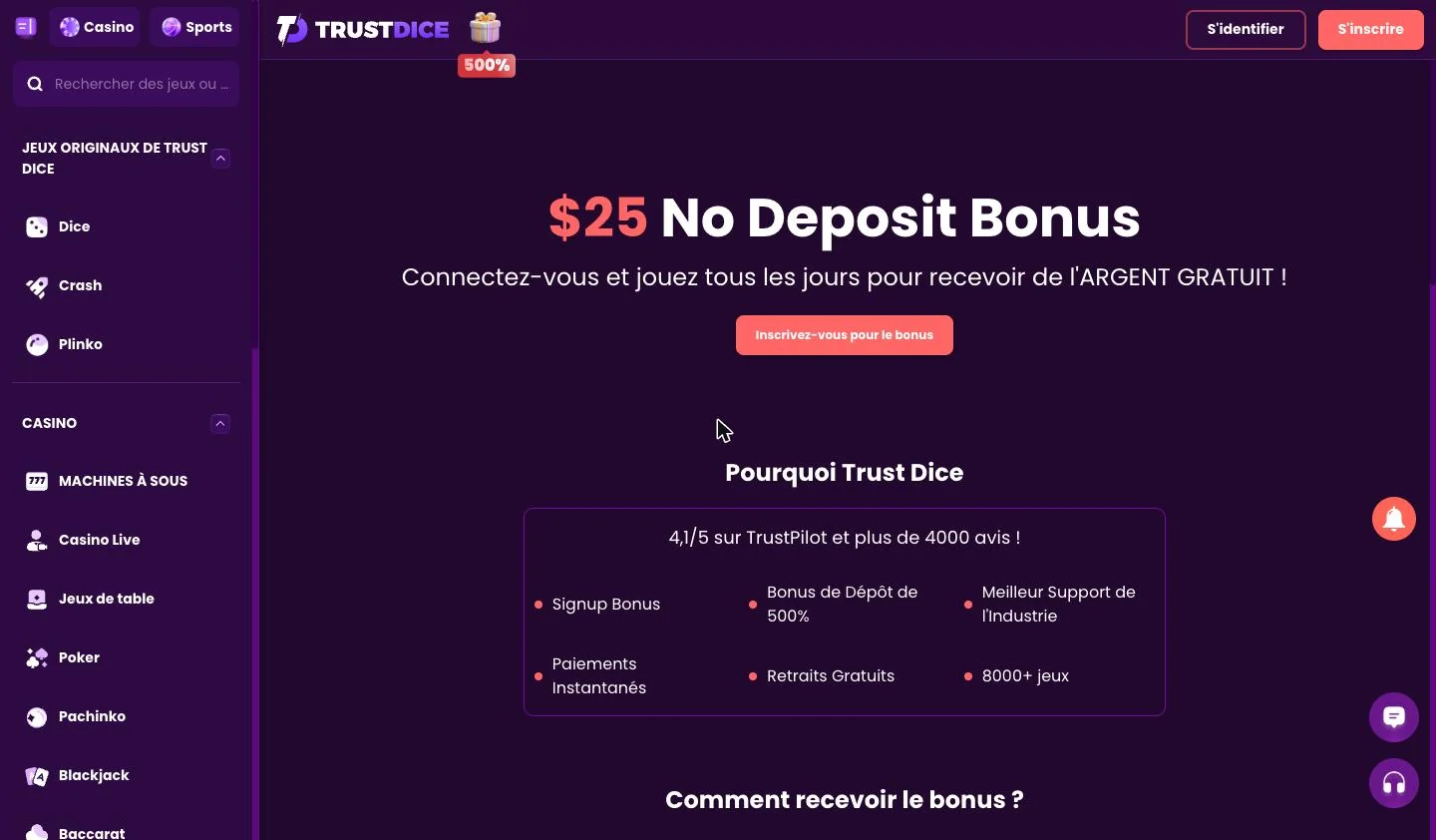 Page du bonus sans dépôt de 25 dollars de TrustDice
