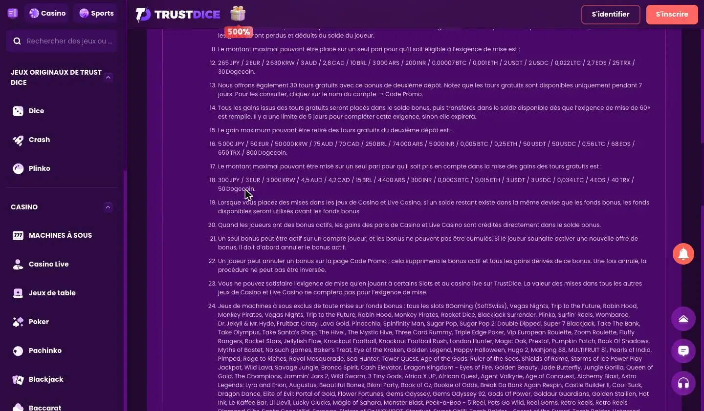 Conditions des tours gratuits de TrustDice, wager de 60x et gain maximum de 50 euros