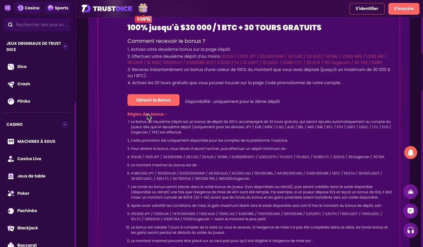 Règles de mise du bonus de dépôt de TrustDice, wager de 40x et plafond de gains