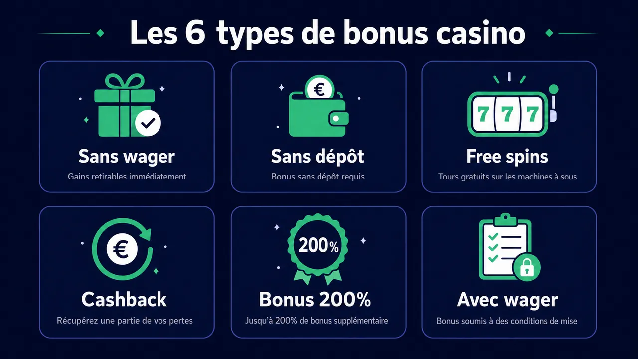 Infographie : les 6 types de bonus de casino en ligne