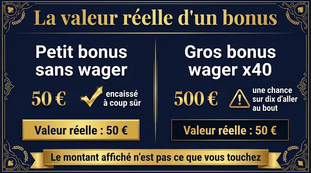Valeur réelle d'un bonus : petit montant sans wager contre gros montant à wager x40