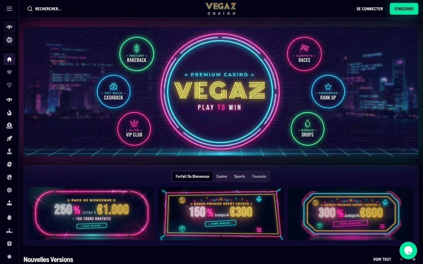 Page d'accueil de Vegaz Casino