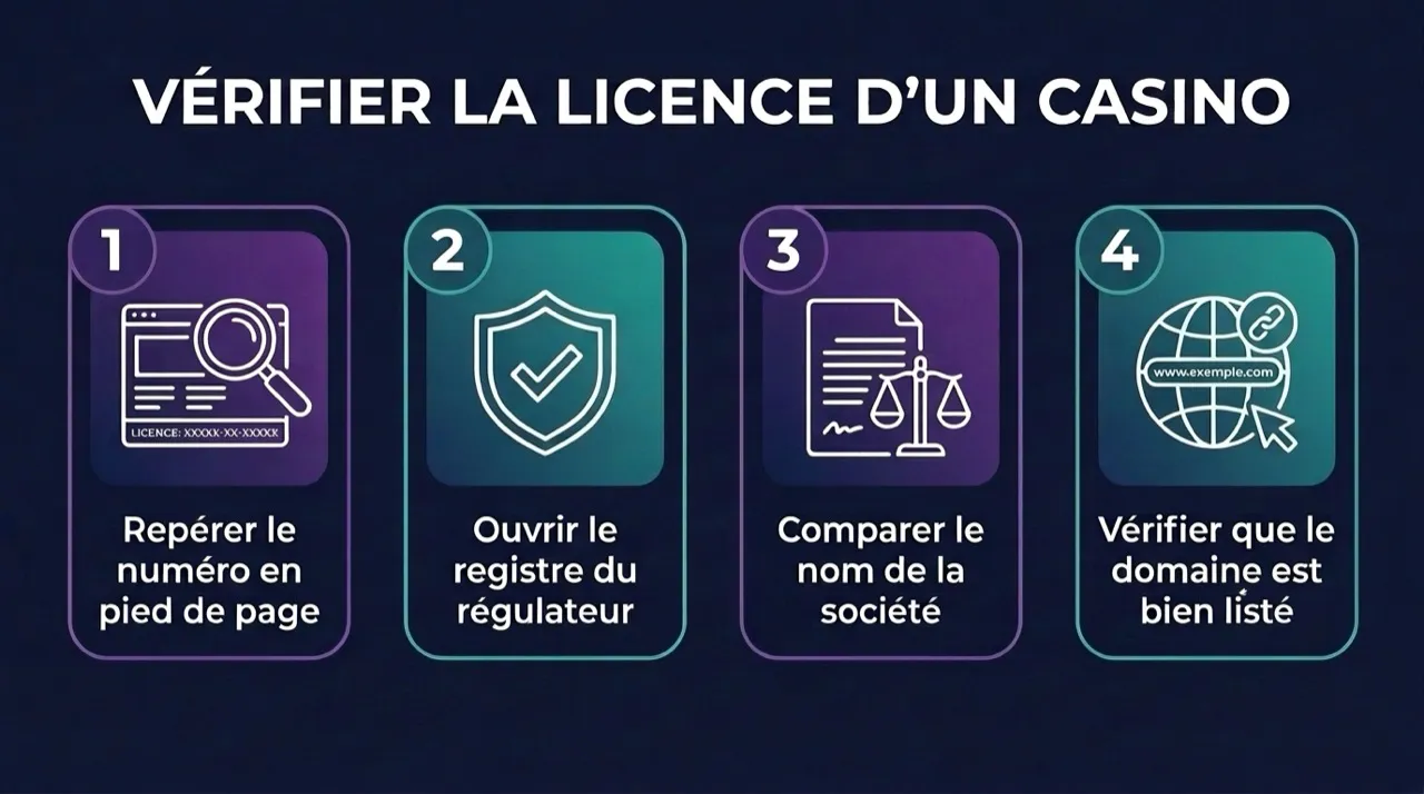 Infographie : les quatre étapes pour vérifier la licence d'un casino en ligne