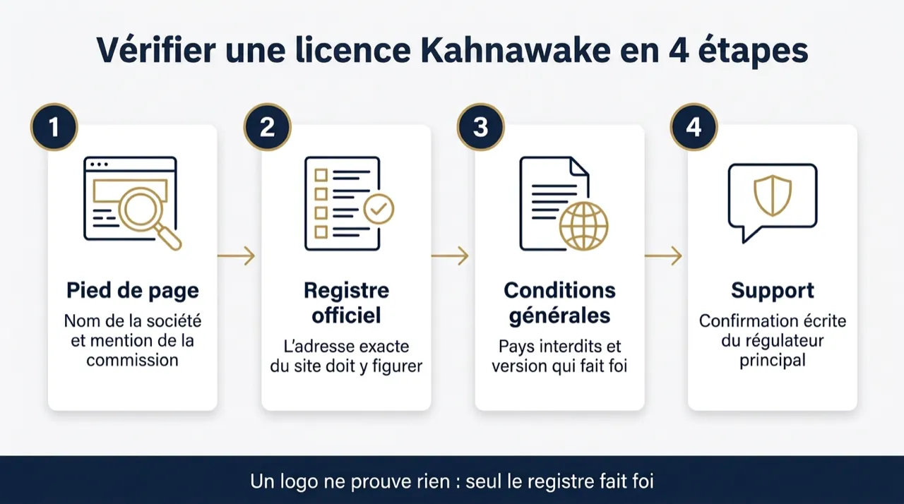 Vérifier une licence Kahnawake en 4 étapes : pied de page, registre officiel, conditions générales, support