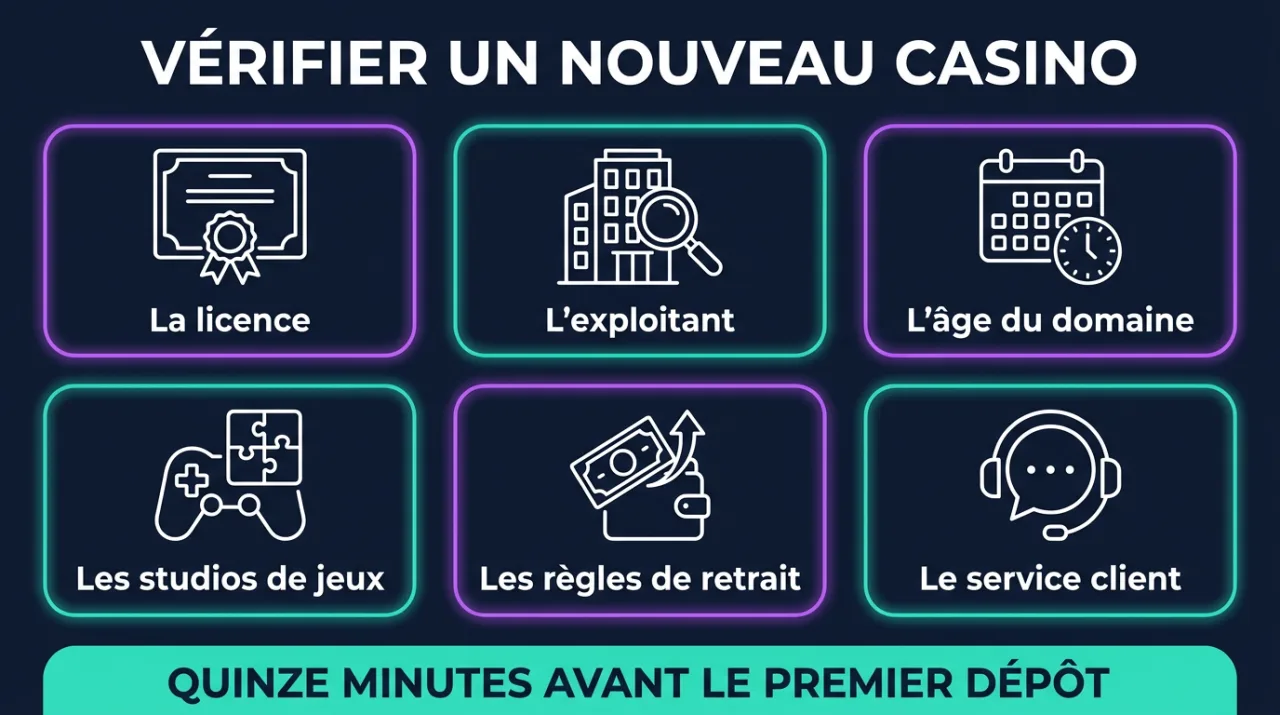 Infographie : les 6 contrôles à faire avant de déposer sur un nouveau casino en ligne