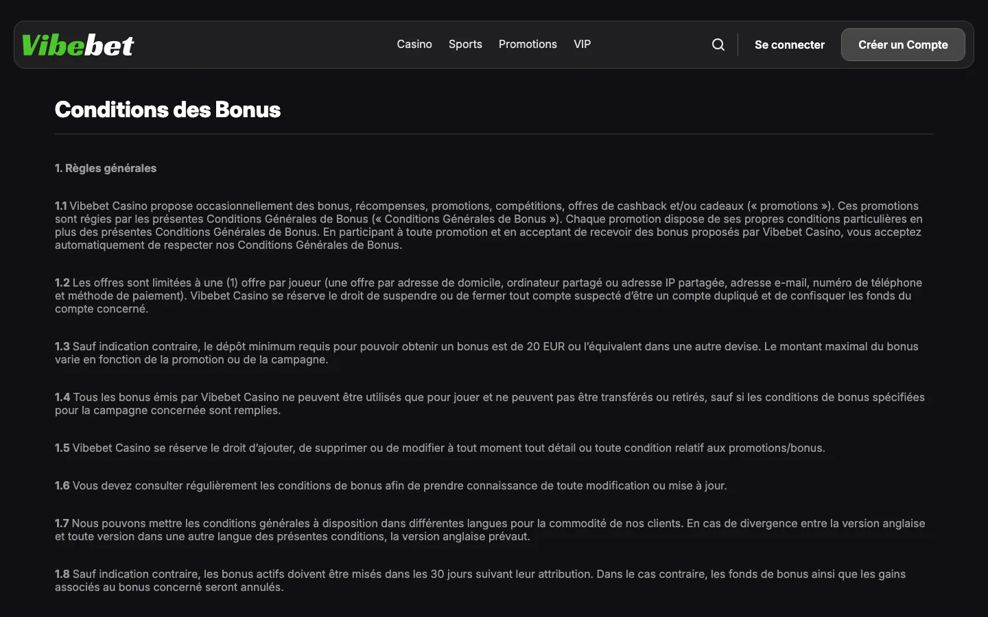 Page des conditions des bonus de Vibebet en français