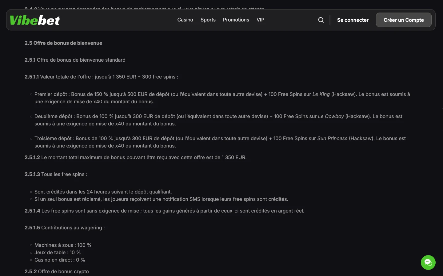 Article 2.5 des conditions des bonus de Vibebet : détail du pack de bienvenue