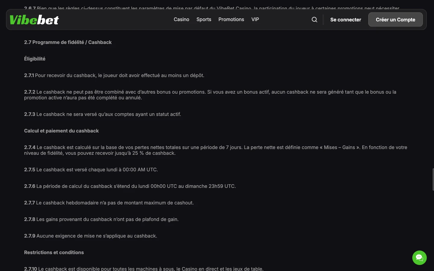 Article 2.7 des conditions de Vibebet : règles du cashback hebdomadaire