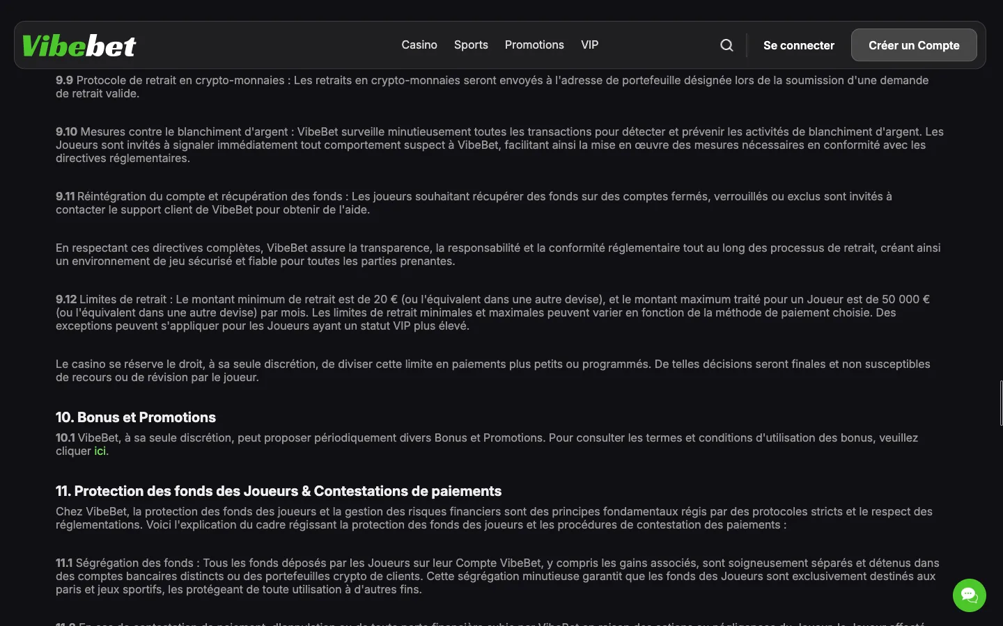 Article 9.12 des conditions générales de Vibebet : limites de retrait de 20 € à 50 000 € par mois
