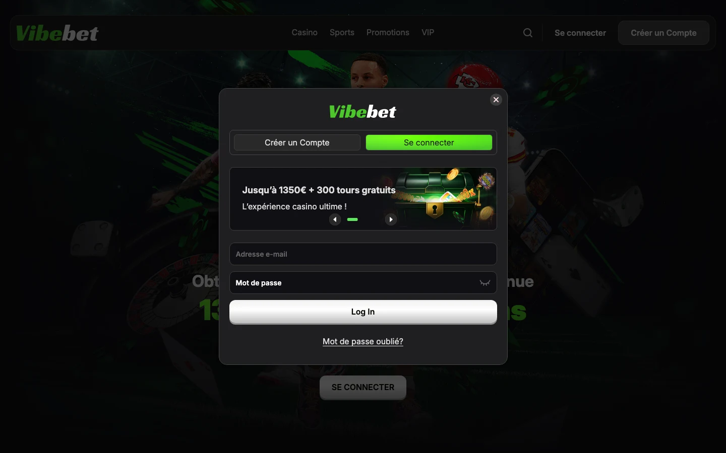 Fenêtre de connexion de Vibebet avec le rappel de l'offre 1 350 € + 300 tours gratuits