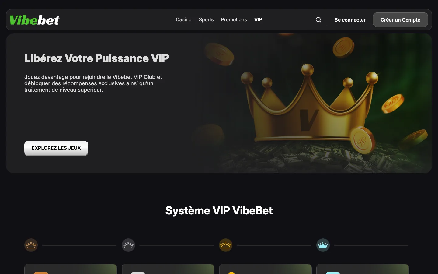 Page du club VIP de Vibebet en français
