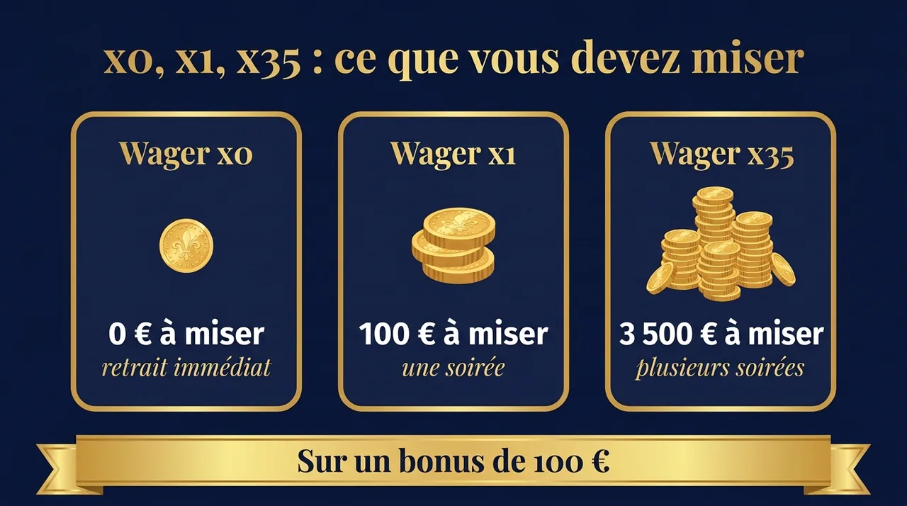 Wager x0, x1 et x35 : le volume à miser sur un bonus de 100 euros