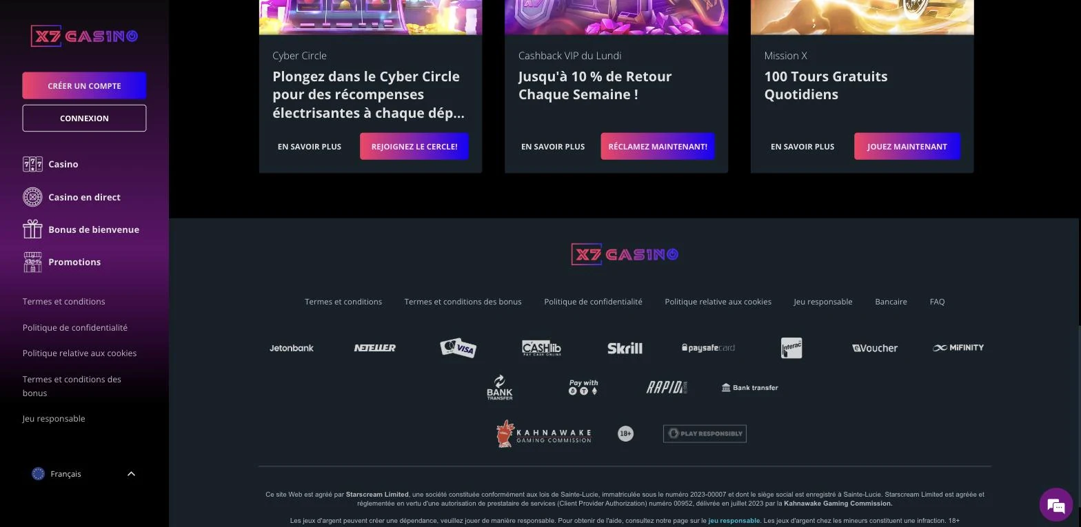 Pied de page de X7 Casino avec le sceau de la Kahnawake Gaming Commission