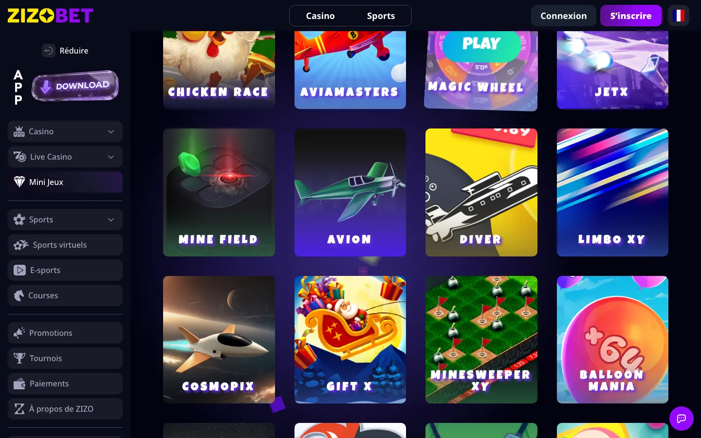 Les mini-jeux de Zizobet dont Chicken Race, JetX et Mine Field